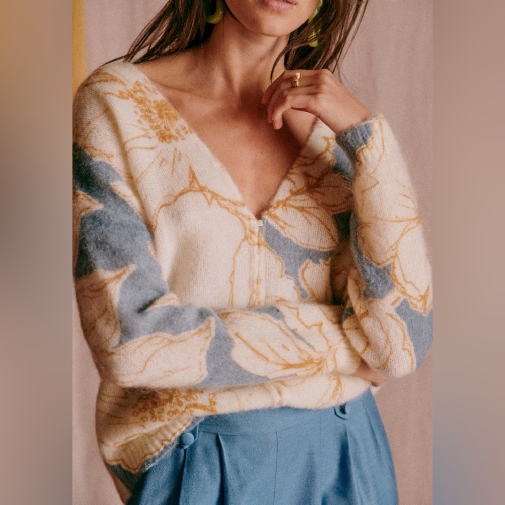 Sezane Floral Cardigan in Cream and Blue